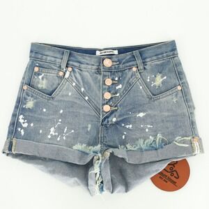 One Teaspoon Hawks High Rise Blue Paint Splatter Distressed Denim Shorts Size 26
